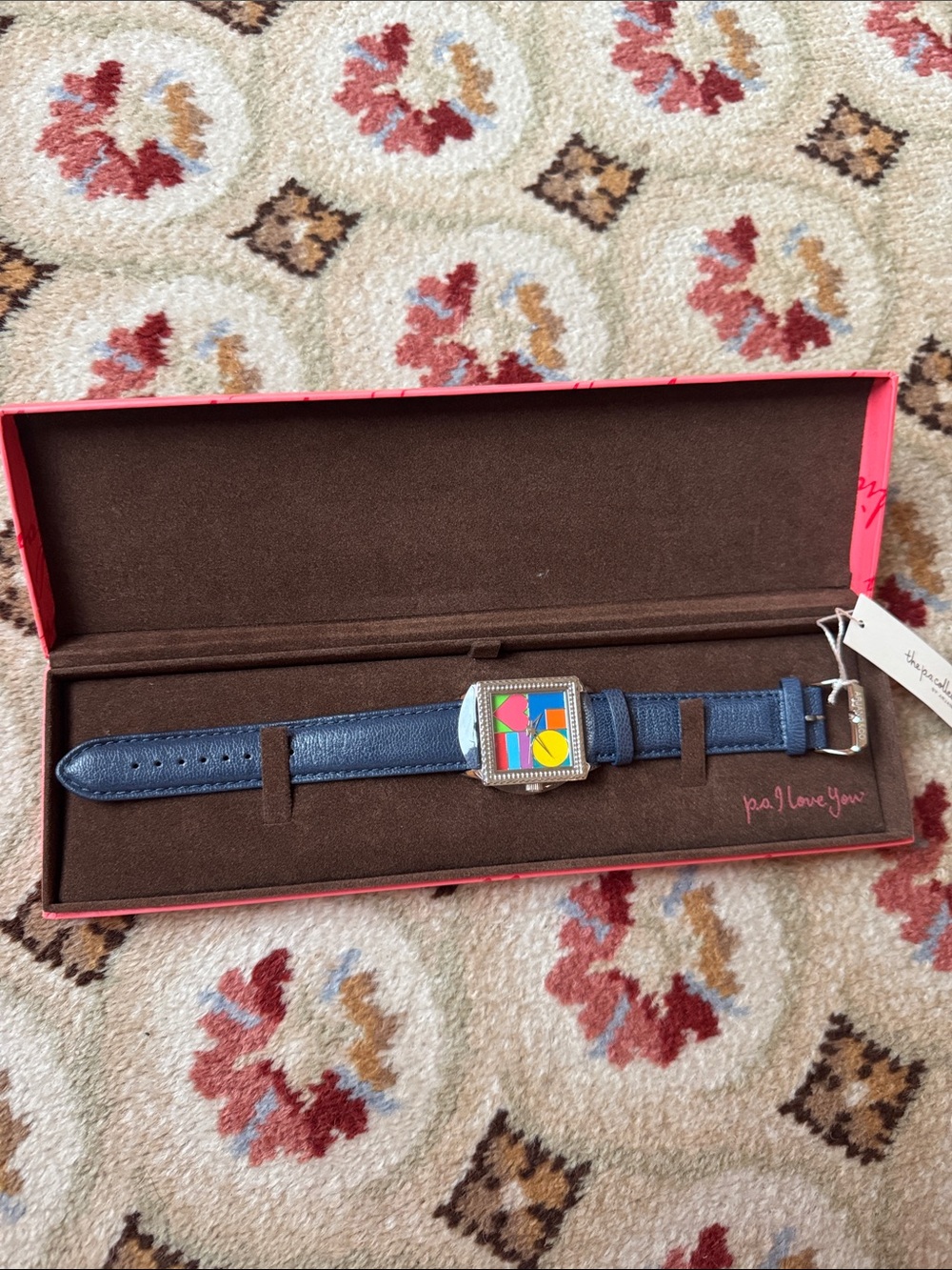 Arjang and Co. Love Watch - stainless steel, genuine blue leather strap, enamel